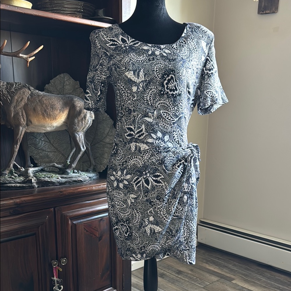 Blue and White Ruched Mini Dress with Flutter Sleeves